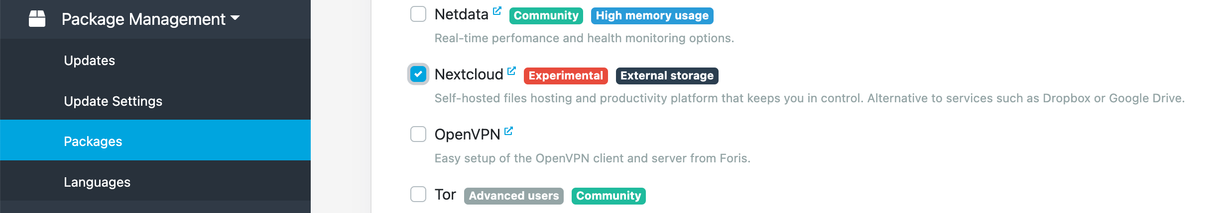 Nextcloud option in Package Lists